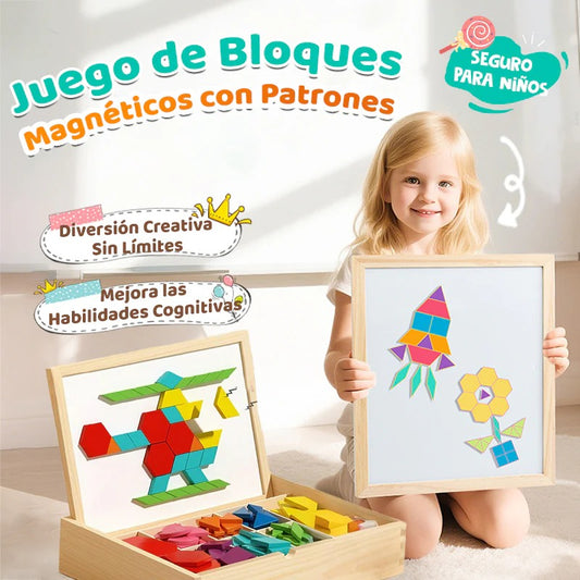 Juego de rompecabezas de bloques magnéticos de madera GRATIS patrones +tarjetas y plumones🧩